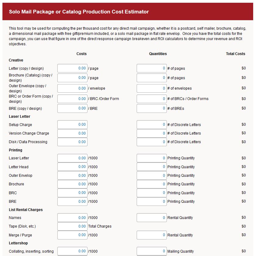 Direct Mail Campaign Production Cost Estimator