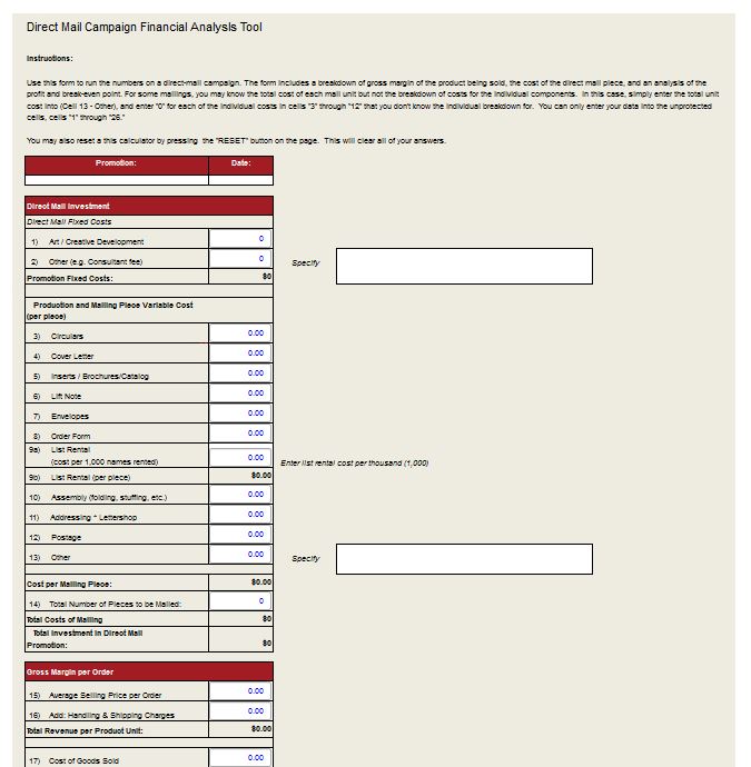 DWS Associates Direct Response Mail Campaign Financial Analysis Tool