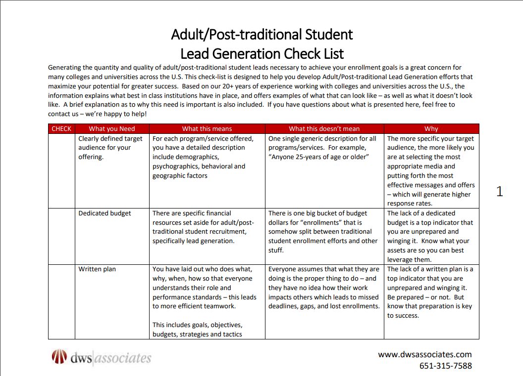 Adult Student Lead Generation Checklist
